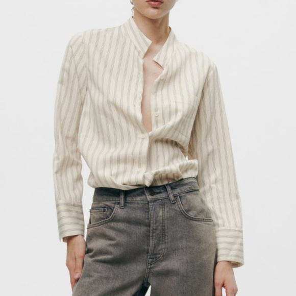 Zara cream long sleeve striped button up shirt tunic made in Europe NWT - Picture 9 of 9